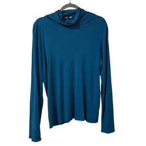 Eileen Fisher silk funnel neck top teal blue XL minimalist